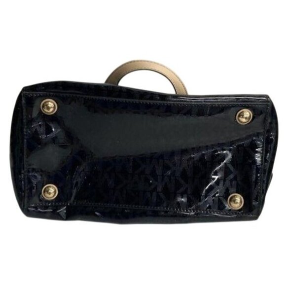 Michael Kors Black Patent Leather Satchel Bag With Gold Hardware & Tan Handles - Picture 3 of 4